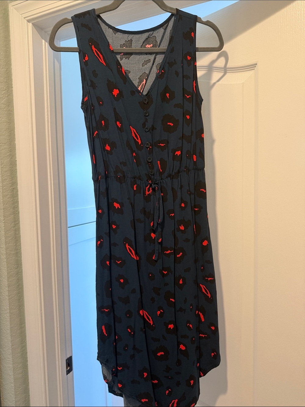 Sleeveless Dark Teal Dress with Red Accent Print